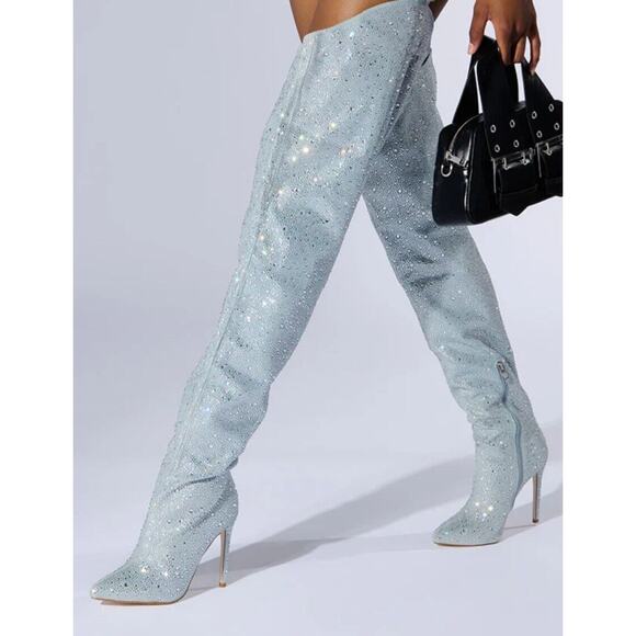 AZALEA WANG Jinny Embellished Thigh High Denim Chap Silver Boots Size 7 NWB - Picture 3 of 8